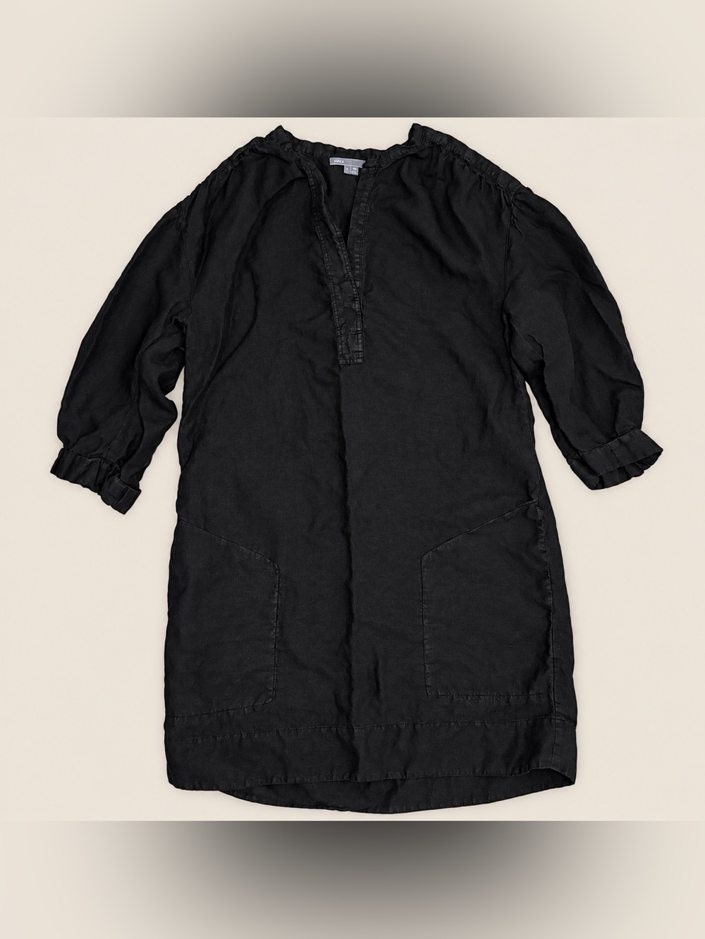 Vince Women's Black 100% Linen Tunic Shift Dress Size L  3/4 Sleeves Pockets